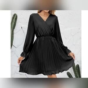 NWOT BBX Lephsnt Faux Wrap V Neck Long Sleeve Pleated Casual Dress, Large